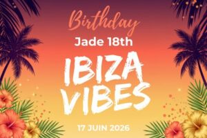 Écran d'accueil personnalisé thème Ibiza pour location de photobooth à Juvignac, Montpellier